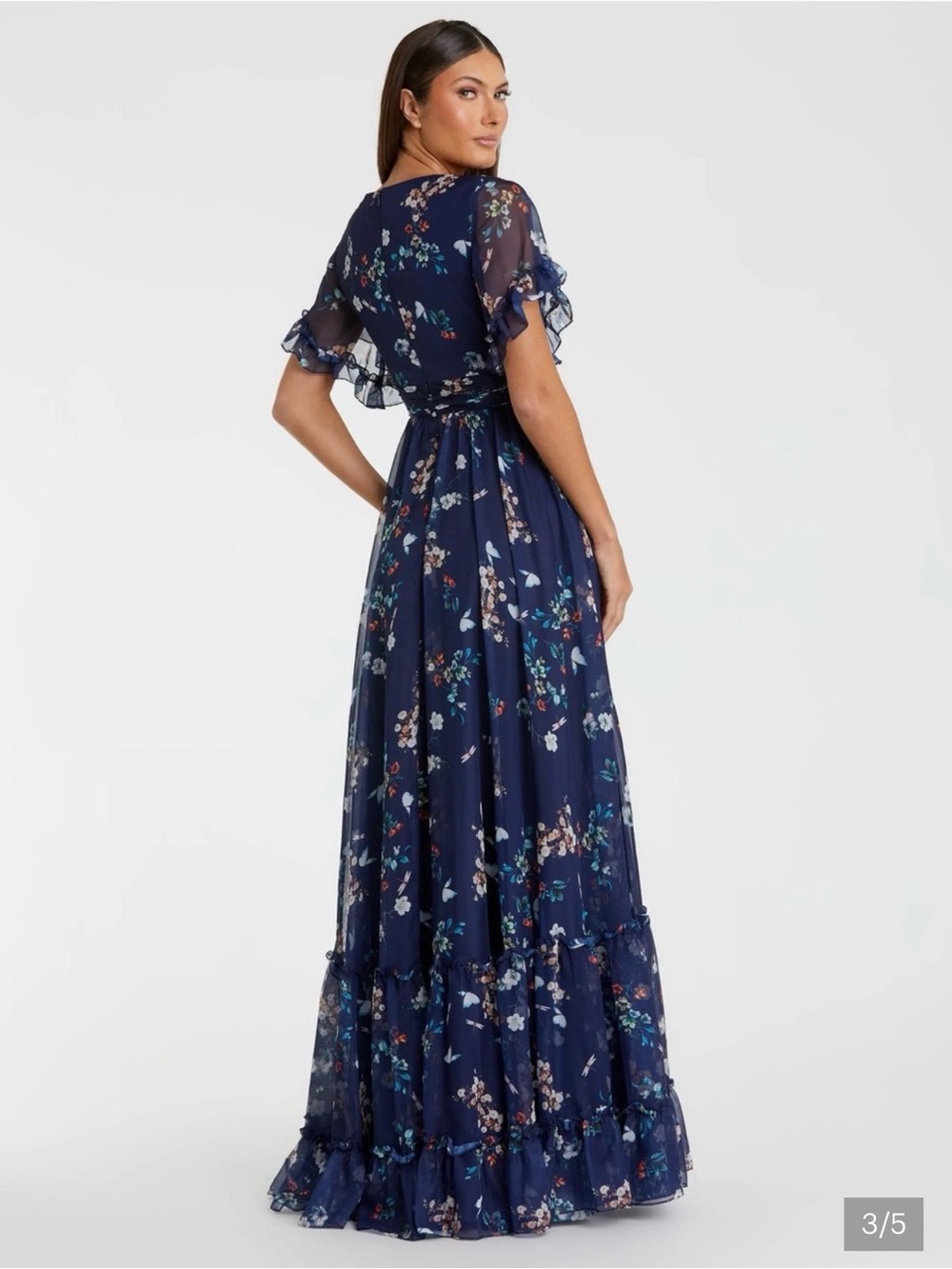 Mac Duggal Navy Floral Wrap-Front Maxi Gown - Picture 3 of 5